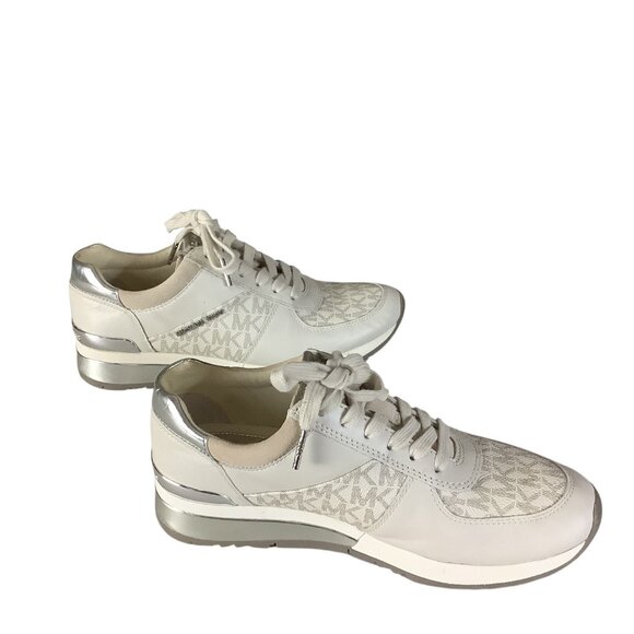 Michael Kors Womens Allie Lace Up Trainers 7M Beige & Metallic MK Monogram - Picture 11 of 16